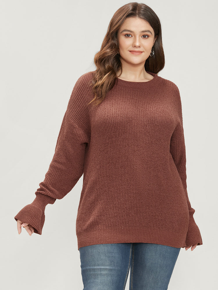 Solid Pointelle Knit Round Neck Bell Sleeve Knit Top