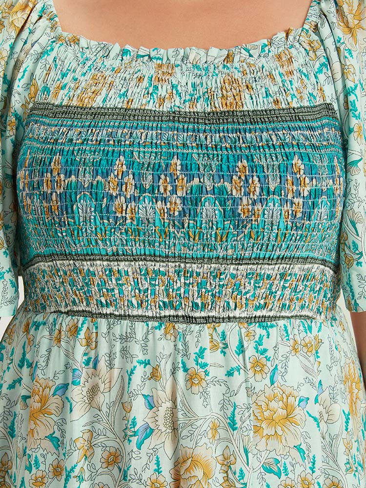 Floral Print Shirred Square Neck Dress