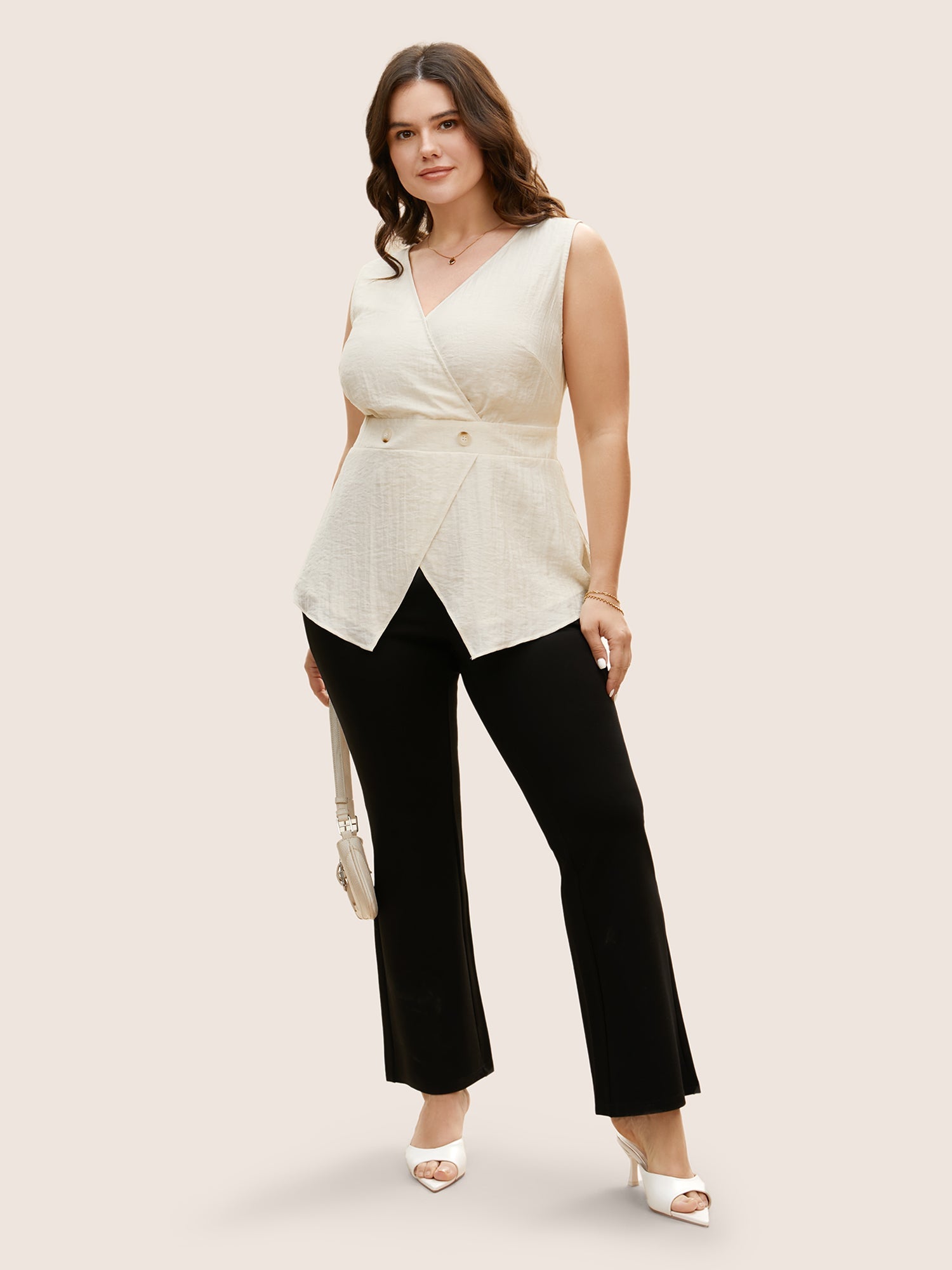 Solid Button Detail Shirred Wrap Tank Top