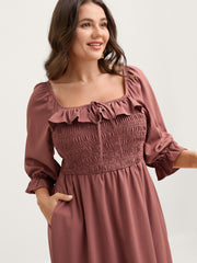 Ruffle Shirred Bodice Pockets Midi Dress