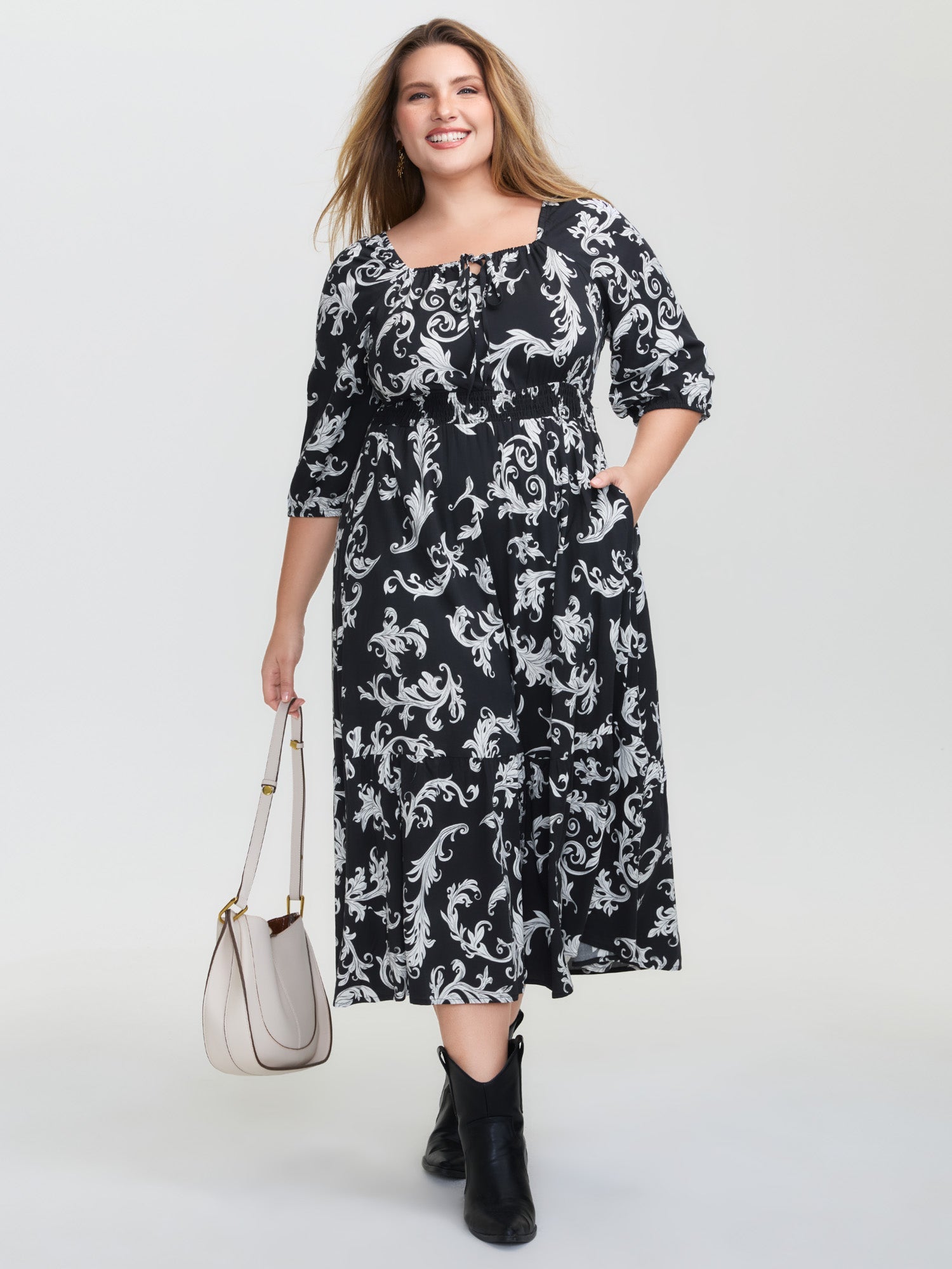 Scroll Pattern Adjustable Drawstring Pockets Maxi Dress