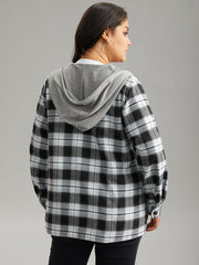 Plaid Patchwork Hooded Drawstring Button Through Jacket