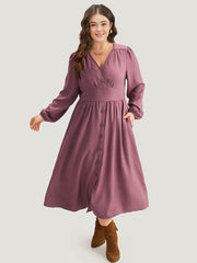 Twill Gathered Button Detail Lantern Sleeve Dress