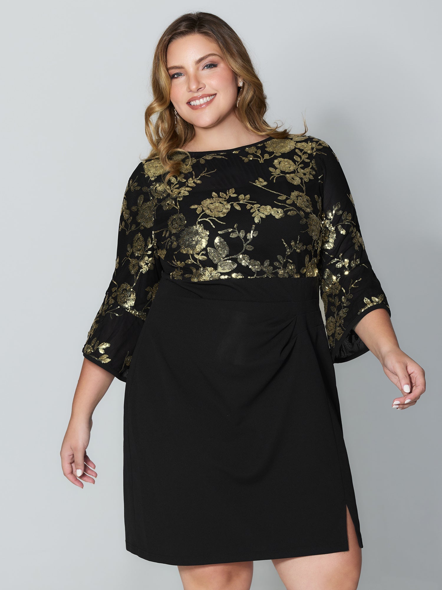 Sequin Floral Cut-Out Drapey Knee-Length Dress