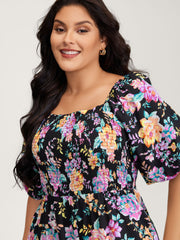 Floral Print Bust-Ease Shirred Jumpsuit
