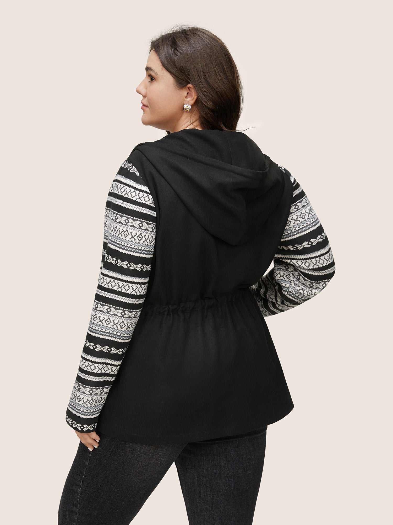 Geometric Drawstring Patchwork Hooded Jacket