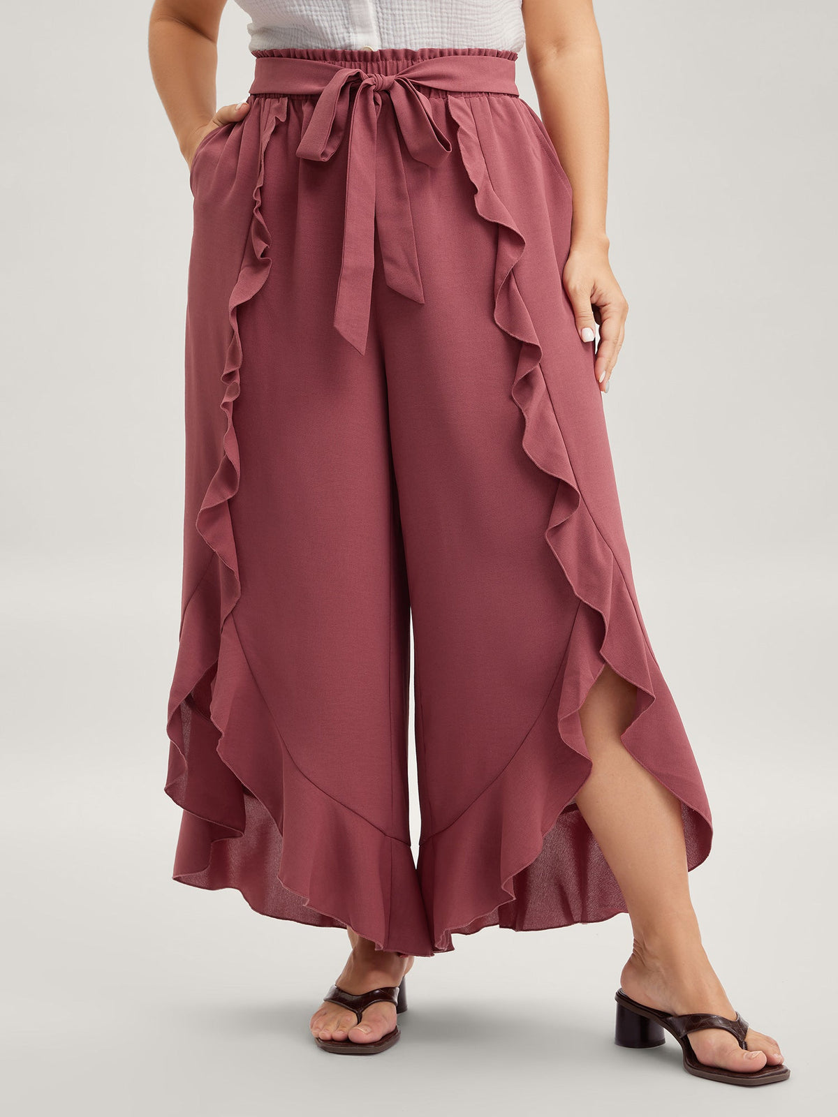 Ruffled Hem Waist-Tie Wide-Leg Pants