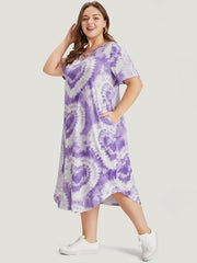 Heart Print Tie Dye Pocket Crisscross Neck Dress