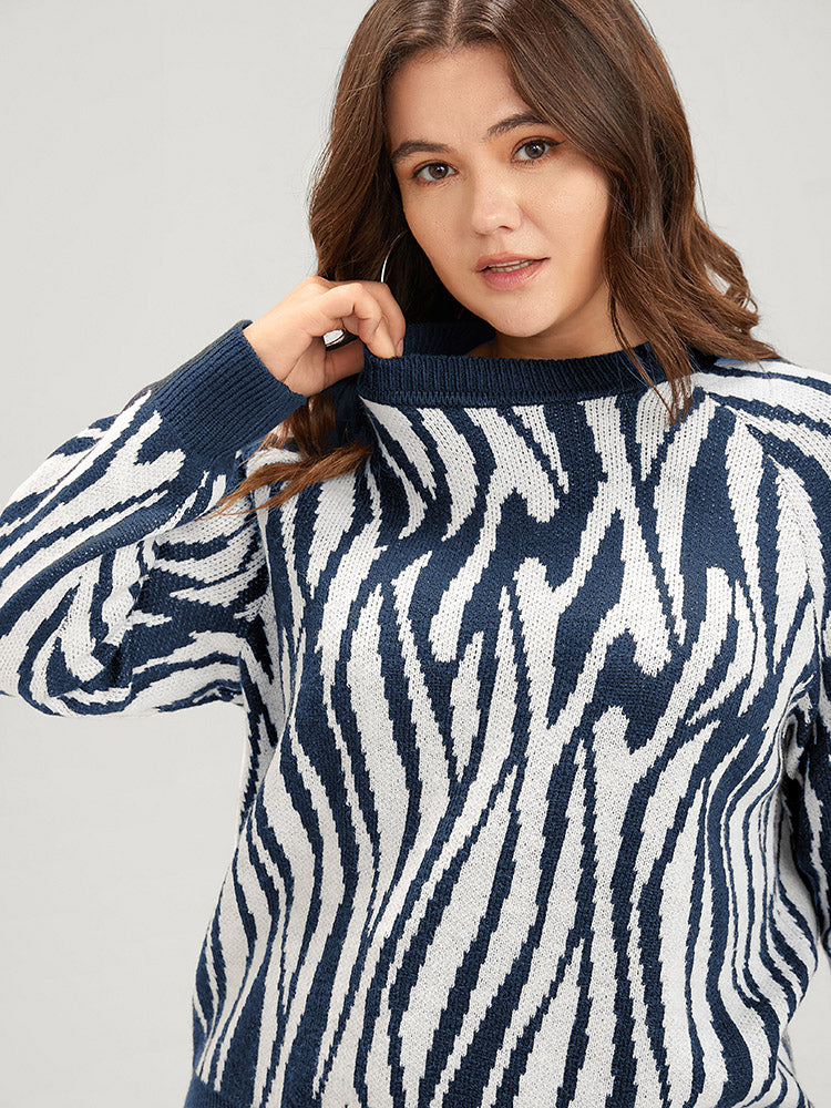 Zebra Print Pointelle Knit Raglan Sleeve Jacquard Knit Top