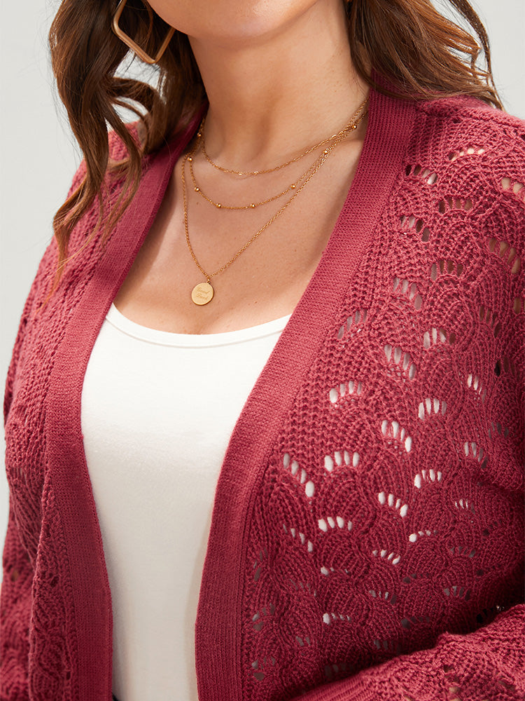 Plain Pointelle Knit Cut Out Pocket Open Front Mid Long Cardigan