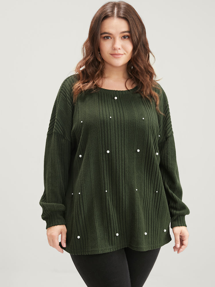 Solid Round Neck Pearls Beaded Rib Knit Sweatshirt