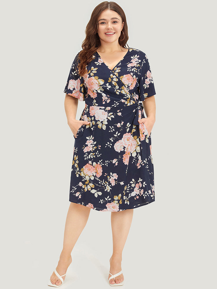 Floral Print Pocket Knot Ruffle Sleeve Wrap Dress