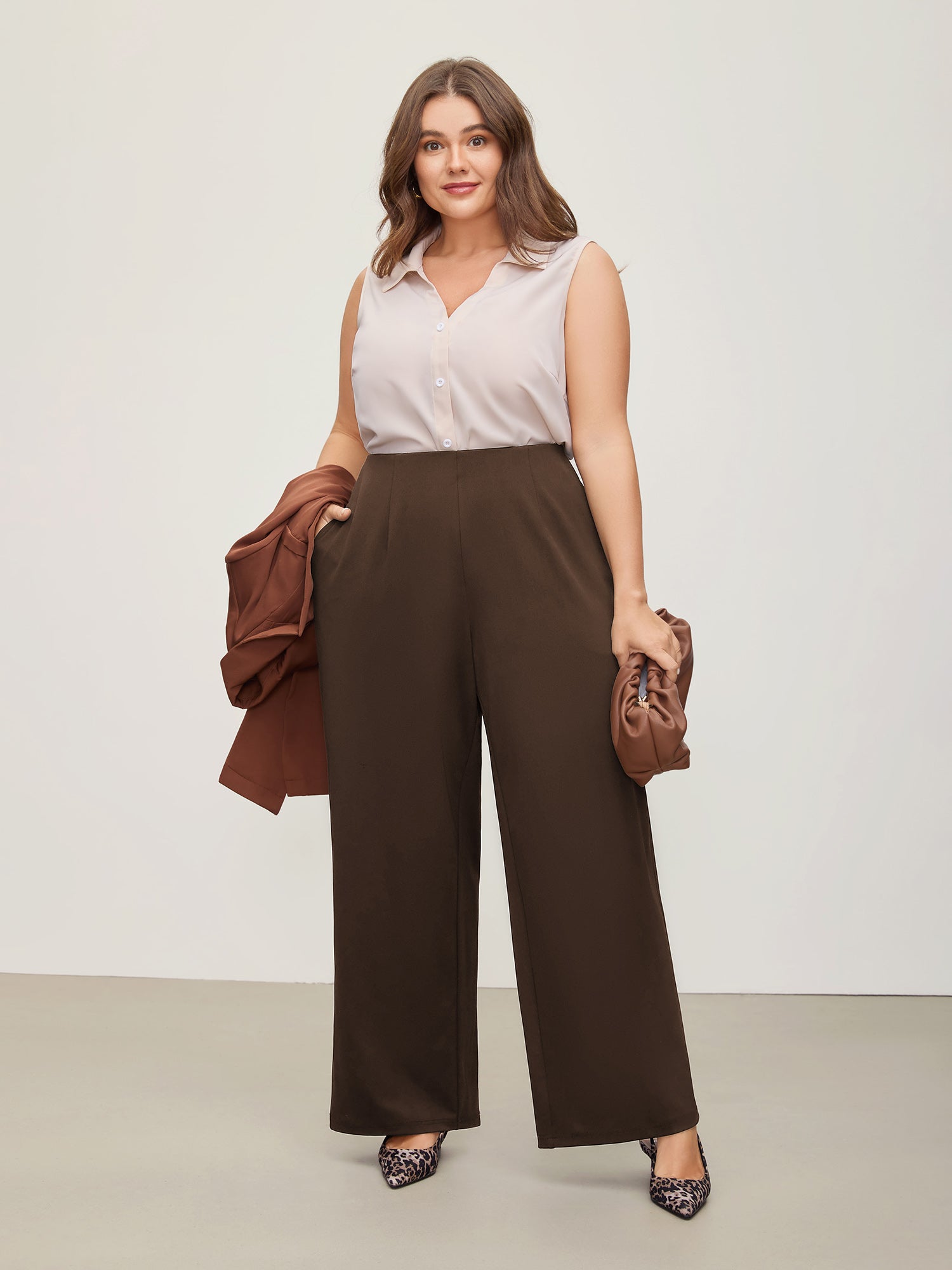 Solid Elastic Waist Pleated Wide Leg Pants