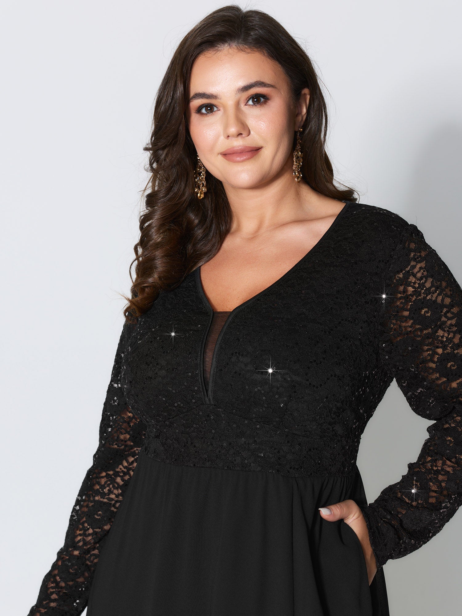 Sheer Lace V-Neck Shirred Waist Midi Dress