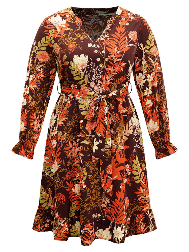 Floral Belted Notched Lantern Sleeve Ruffles Dress