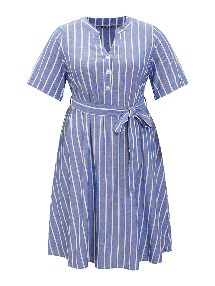 Striped Print Belt Pocket Notched Button Up Dress