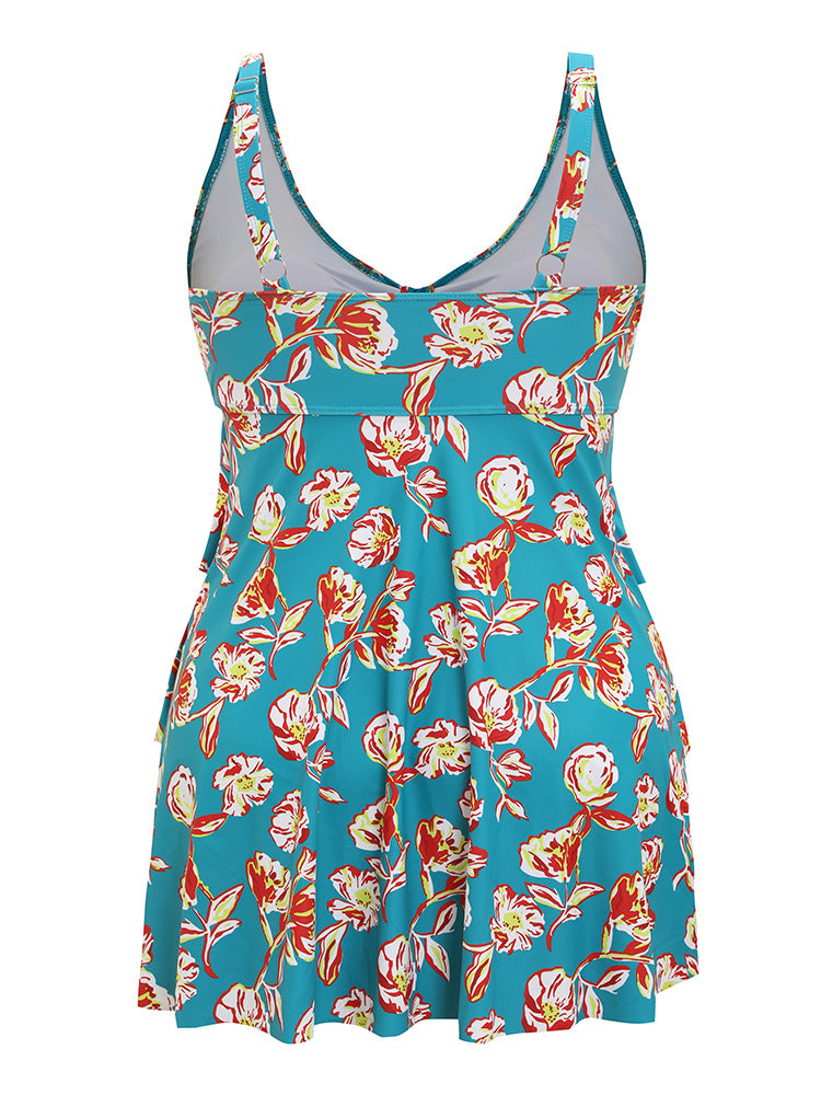 Floral Adjustable Straps Knotted Ruched Ruffle Tiered Swim Dress