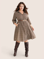 Heart Print Lapel Collar Button Detail Knee Dress