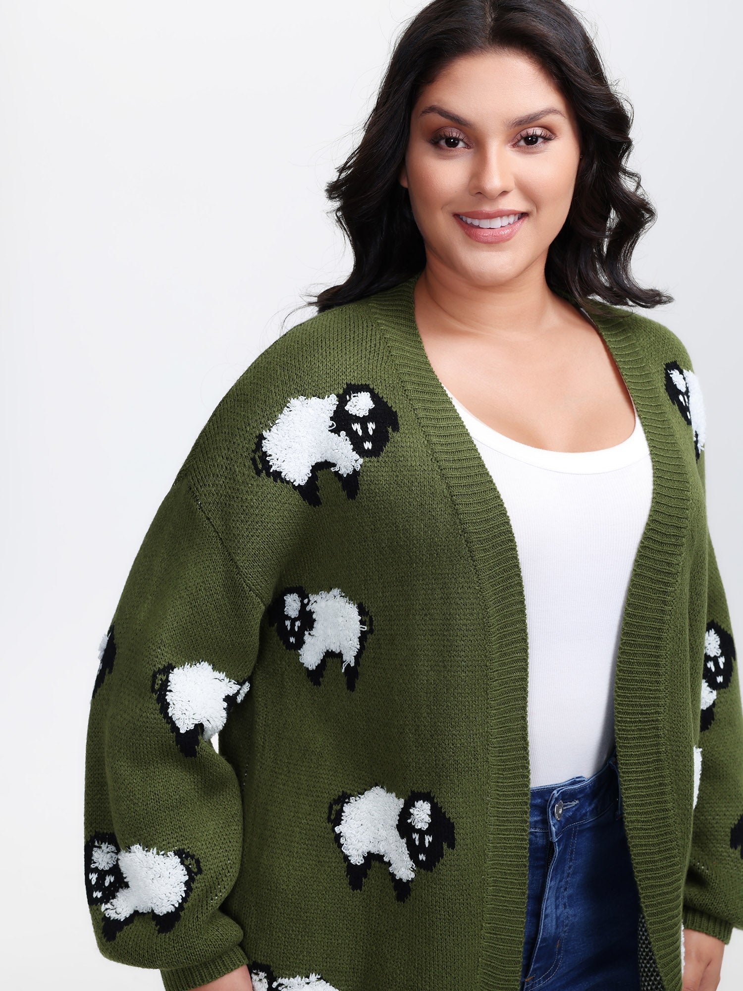 Flocked Lamb Curvy Hem Jacquard-Knit Cardigan