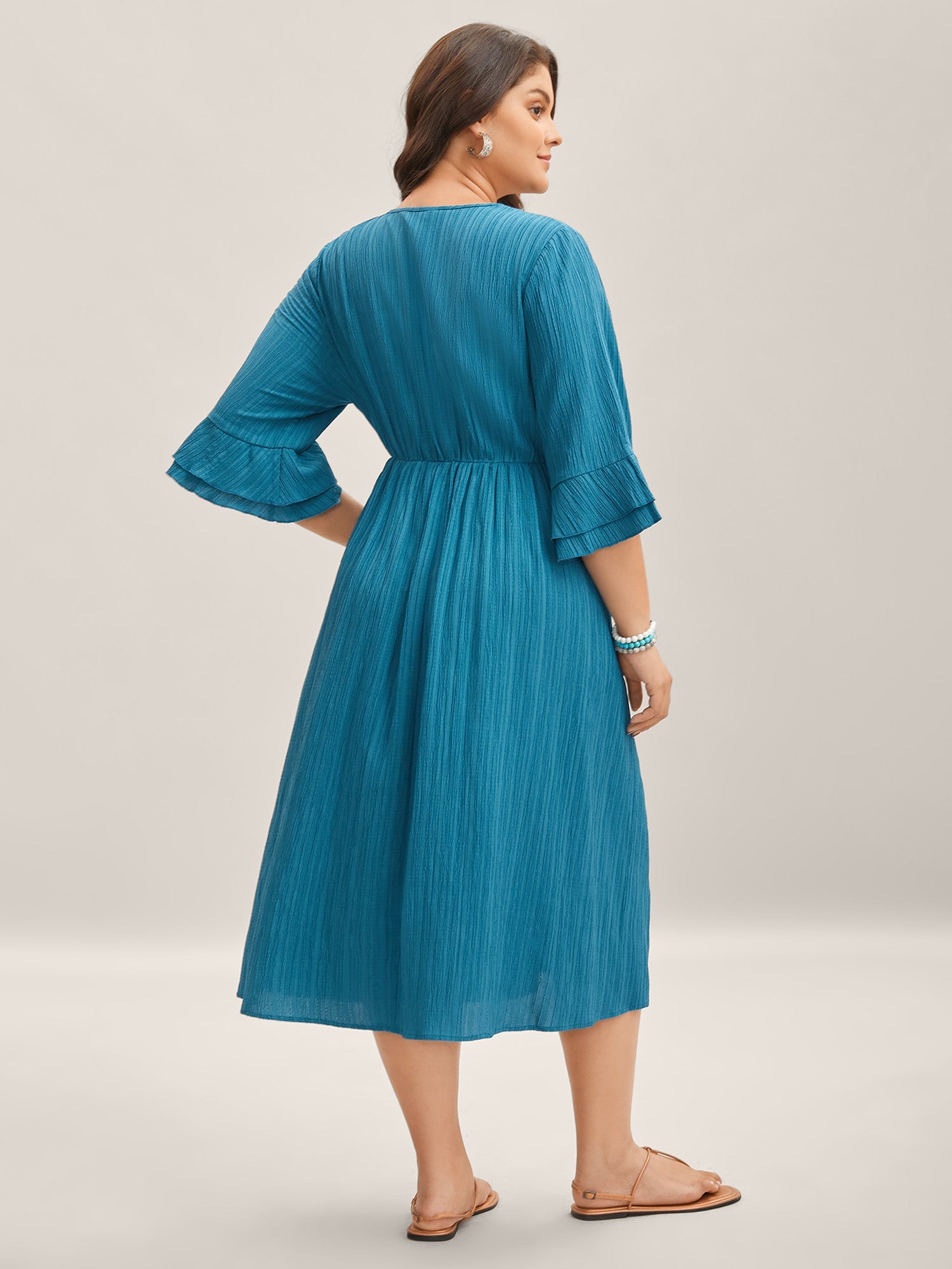Scalloped Lace Surplice Ruffled Midi Dress