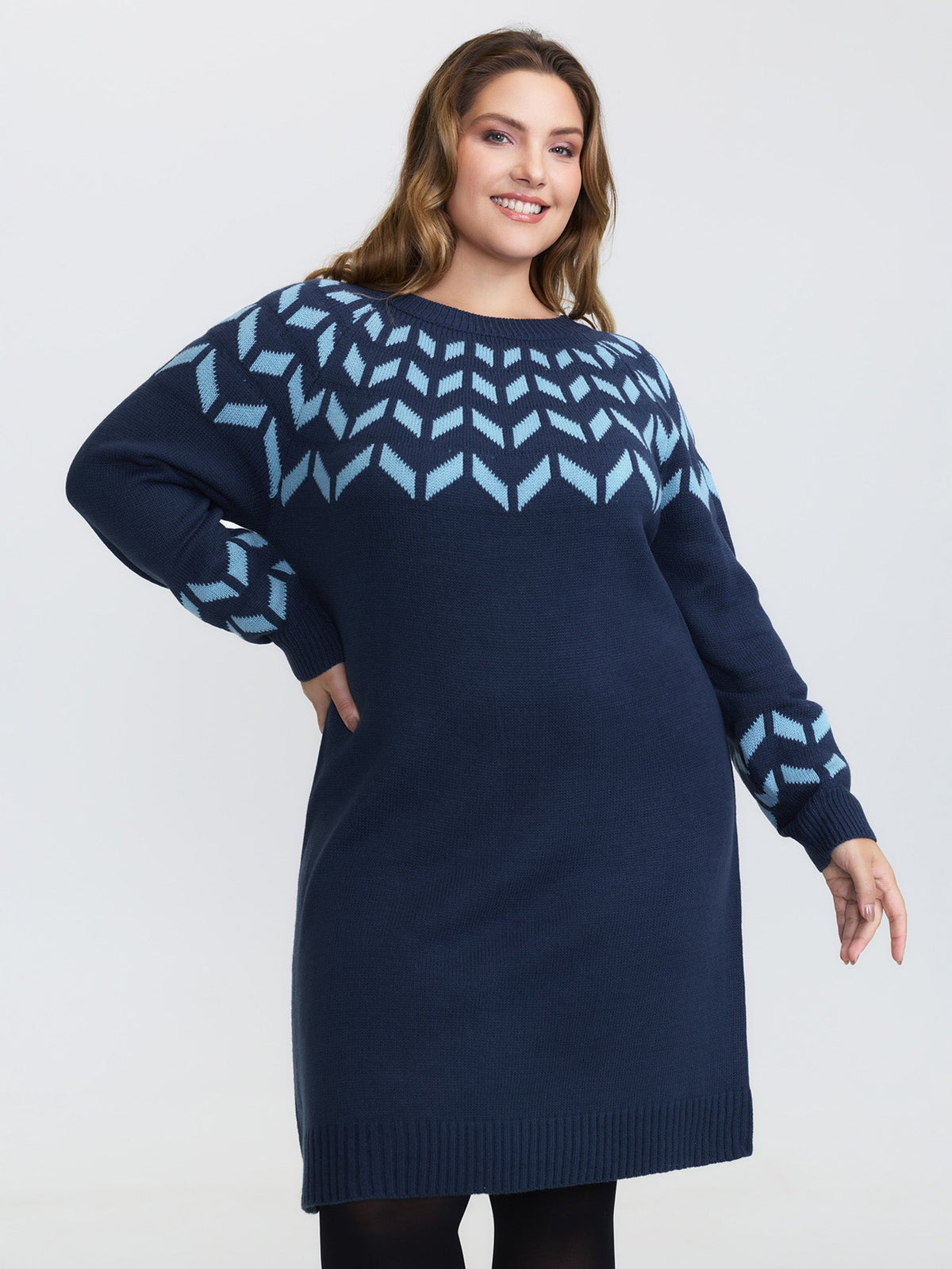 Geometric Pattern Raglan Sleeve Midi Sweater Dress