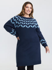 Geometric Pattern Raglan Sleeve Midi Sweater Dress