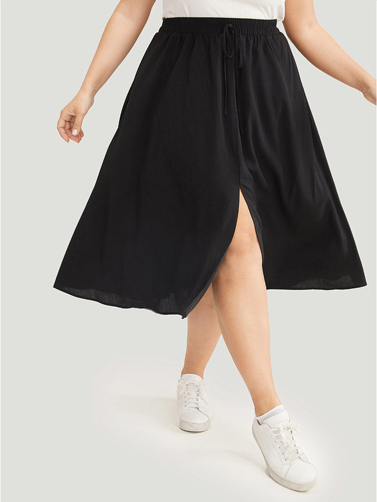 Solid Pocket Knot Elastic Waist Split Hem Skirt