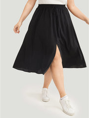 Solid Pocket Knot Elastic Waist Split Hem Skirt