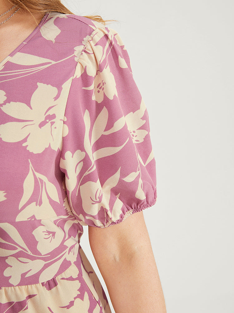 Floral Print Twist Front Puff Sleeve Pocket Ruffles Dress