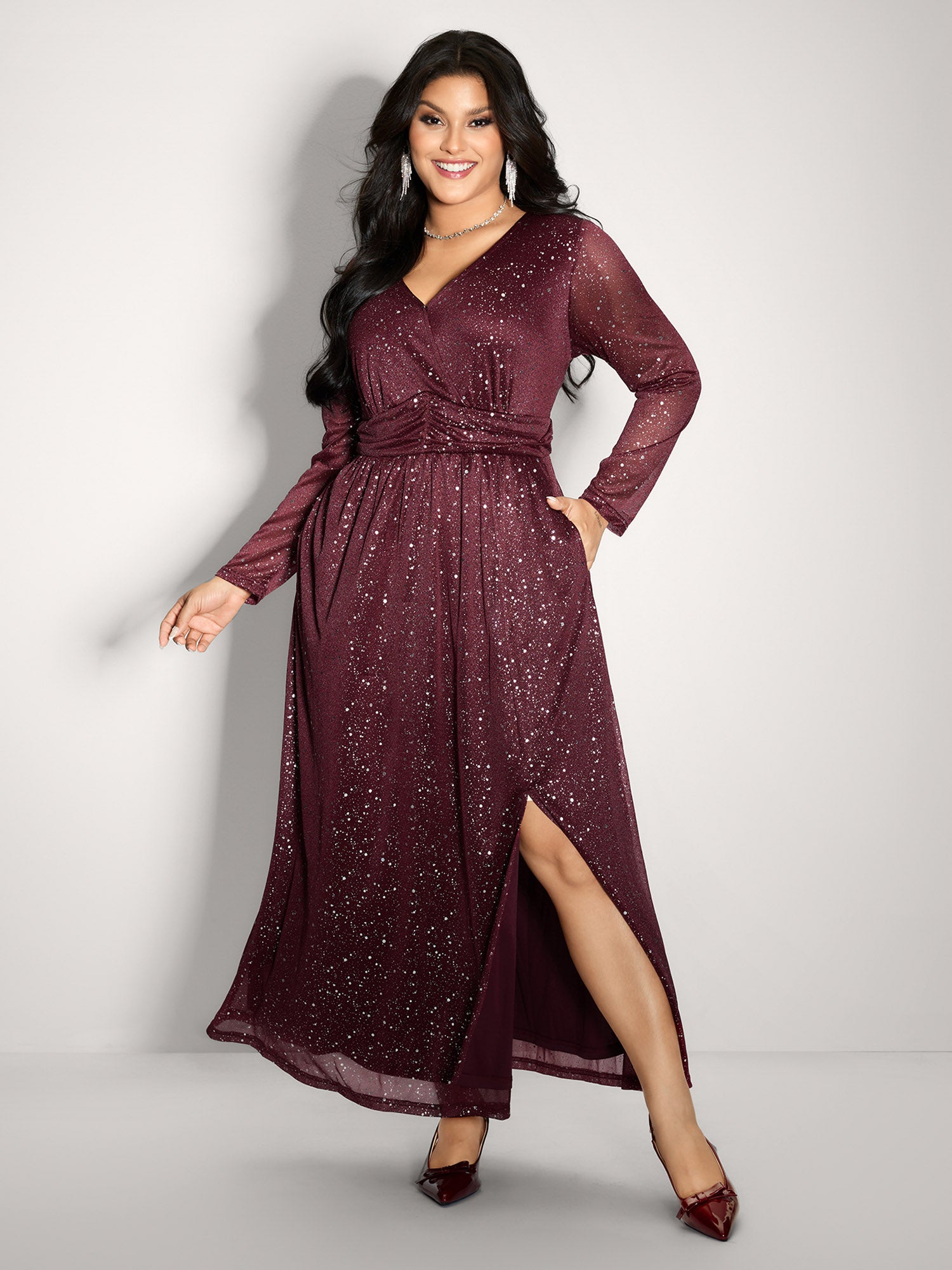 Shimmery Hot Stamp Stretchy Slit Maxi Dress