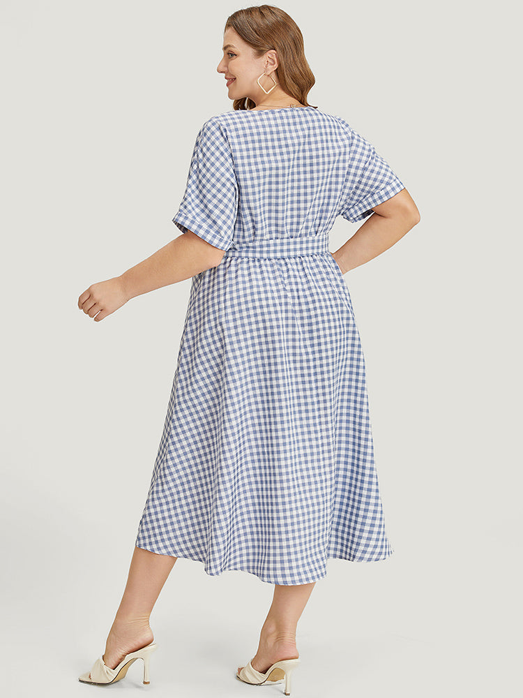 Gingham Print Roll Batwing Sleeve Belt Pocket Wrap Dress