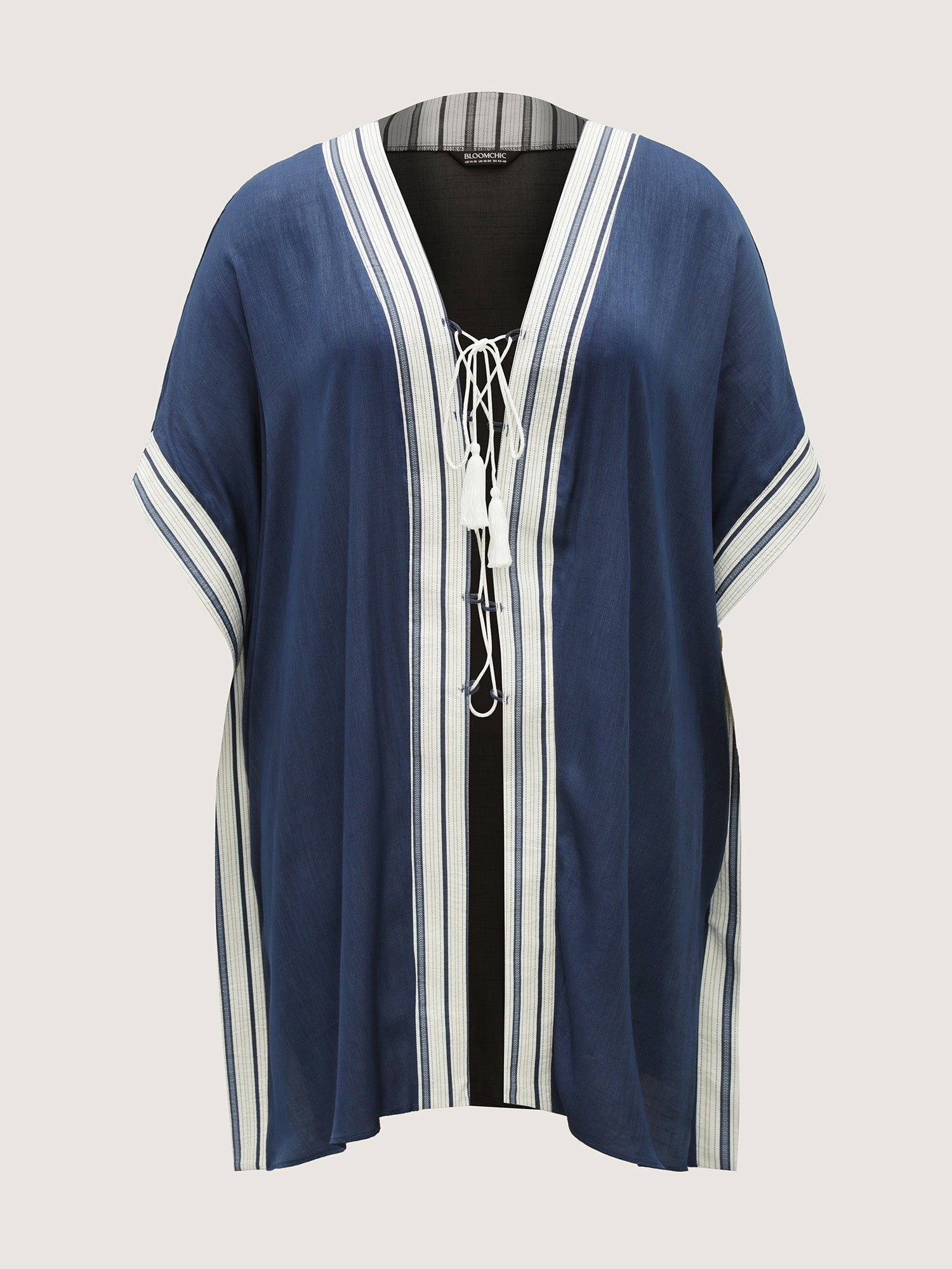 Striped Hem Tassel Solid Kimono