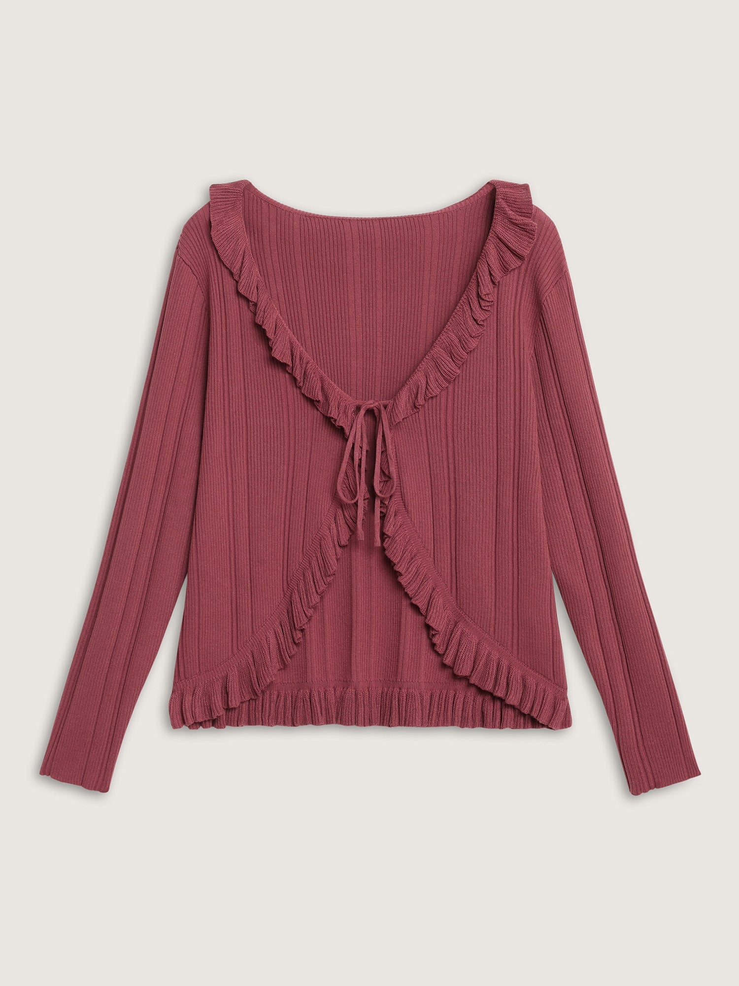 Ruffled Edged Front Tie Knit Cardigan