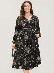 Floral Pocket Lantern Sleeve Belted Surplice Neck Dress