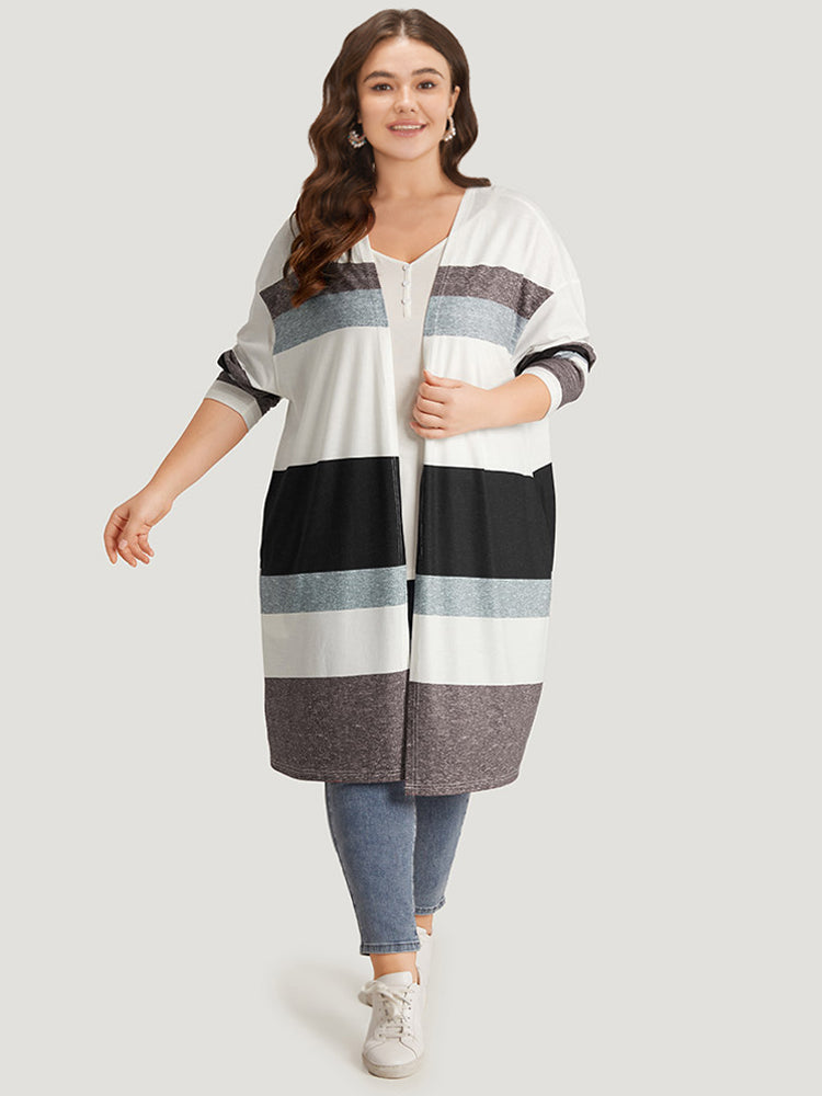 Striped Contrast Pocket Open Front Kimono