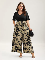 Floral Print Spliced Belted Wide-Leg Jumpsuit