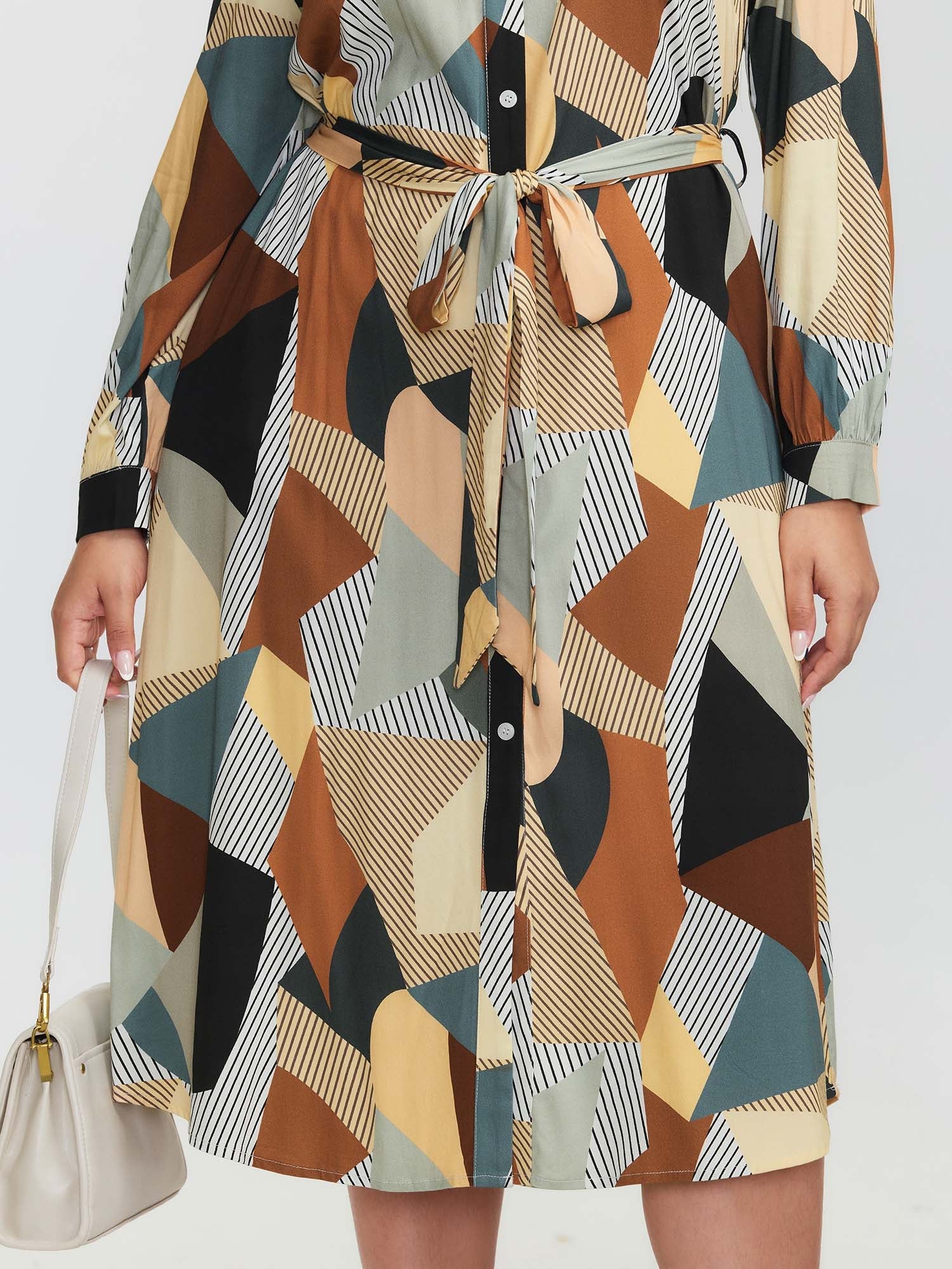 Geometric Print Contrast Tab Sleeve Midi Dress