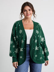 Snowflake Pattern Pockets Curvy Hem Knit Cardigan