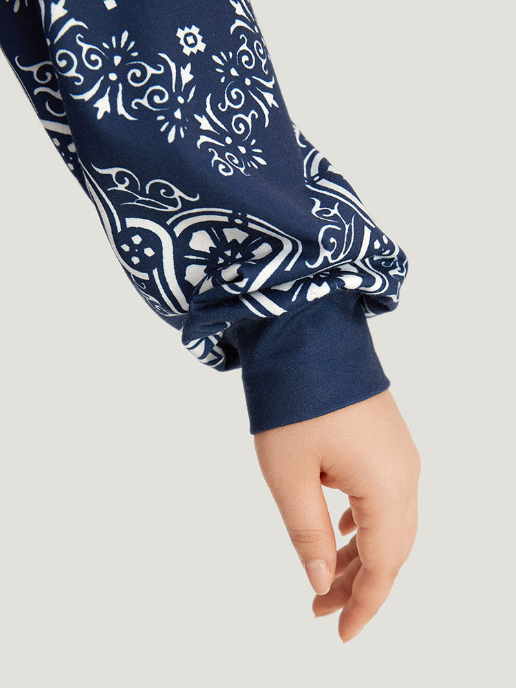 Scarf Print Round Neck Elastic Cuffs Sweatshirt
