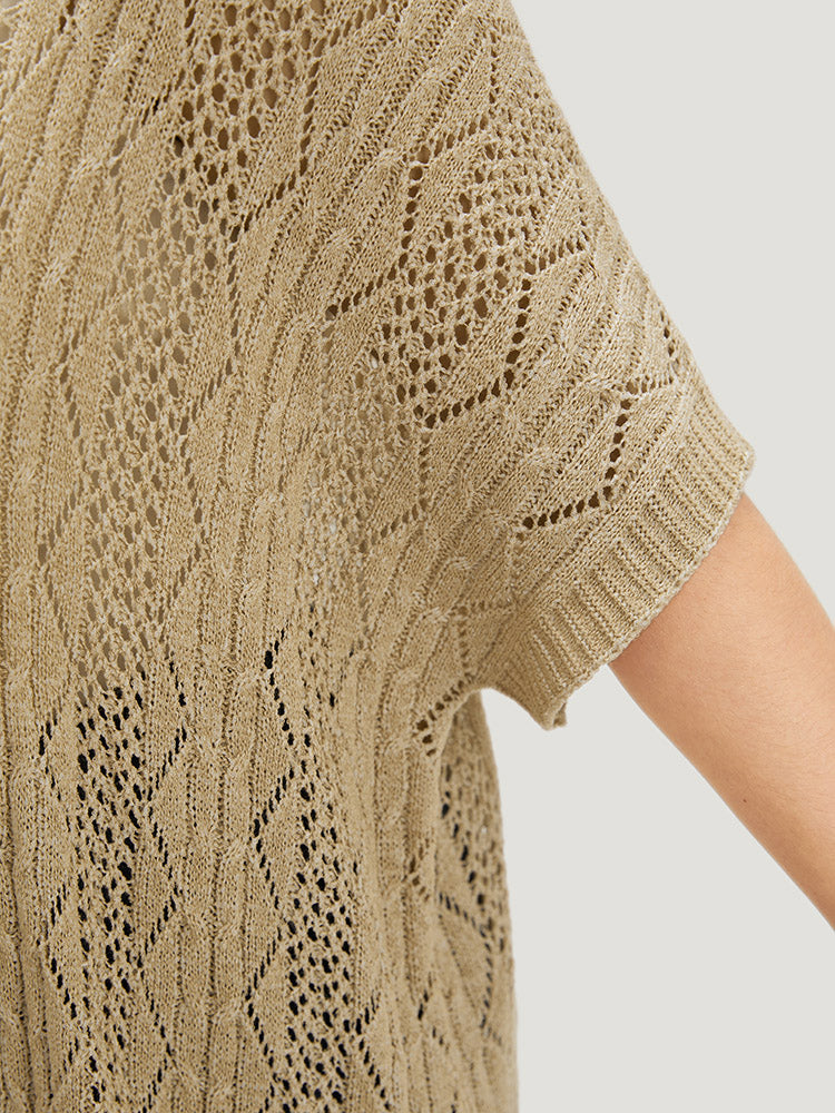 Solid Fringe Trim Geometric Eyelet Batwing Sleeve Cardigan