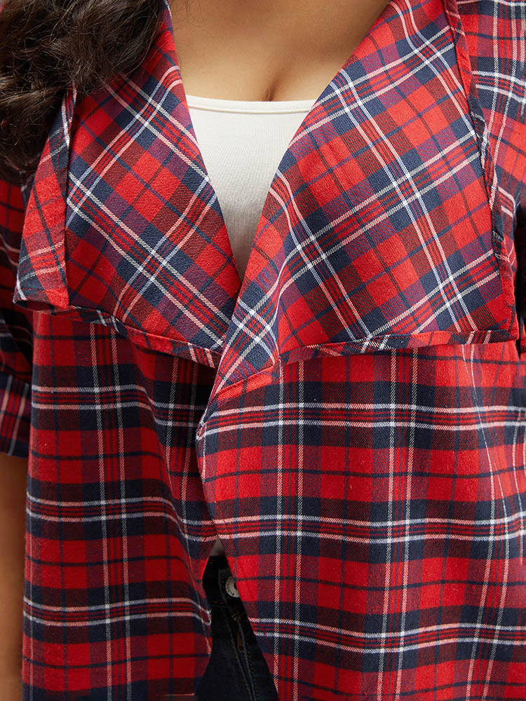 Plaid Asymmetrical Hem Tab Sleeve Jacket