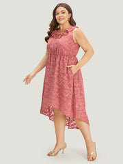 Plain Ruffle Trim Pocket Tie Neck Lace Up Dress