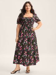 Shirred Floral Print Pockets Maxi Dress