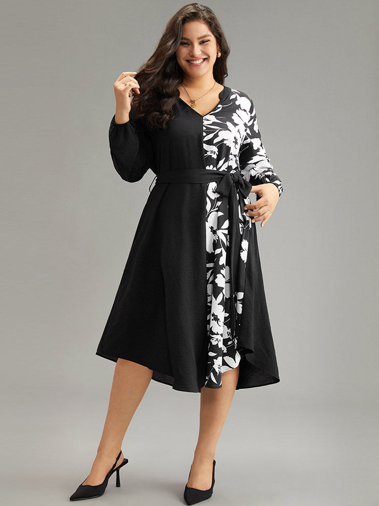 Silhouette Floral Print Patchwork Pocket Dress