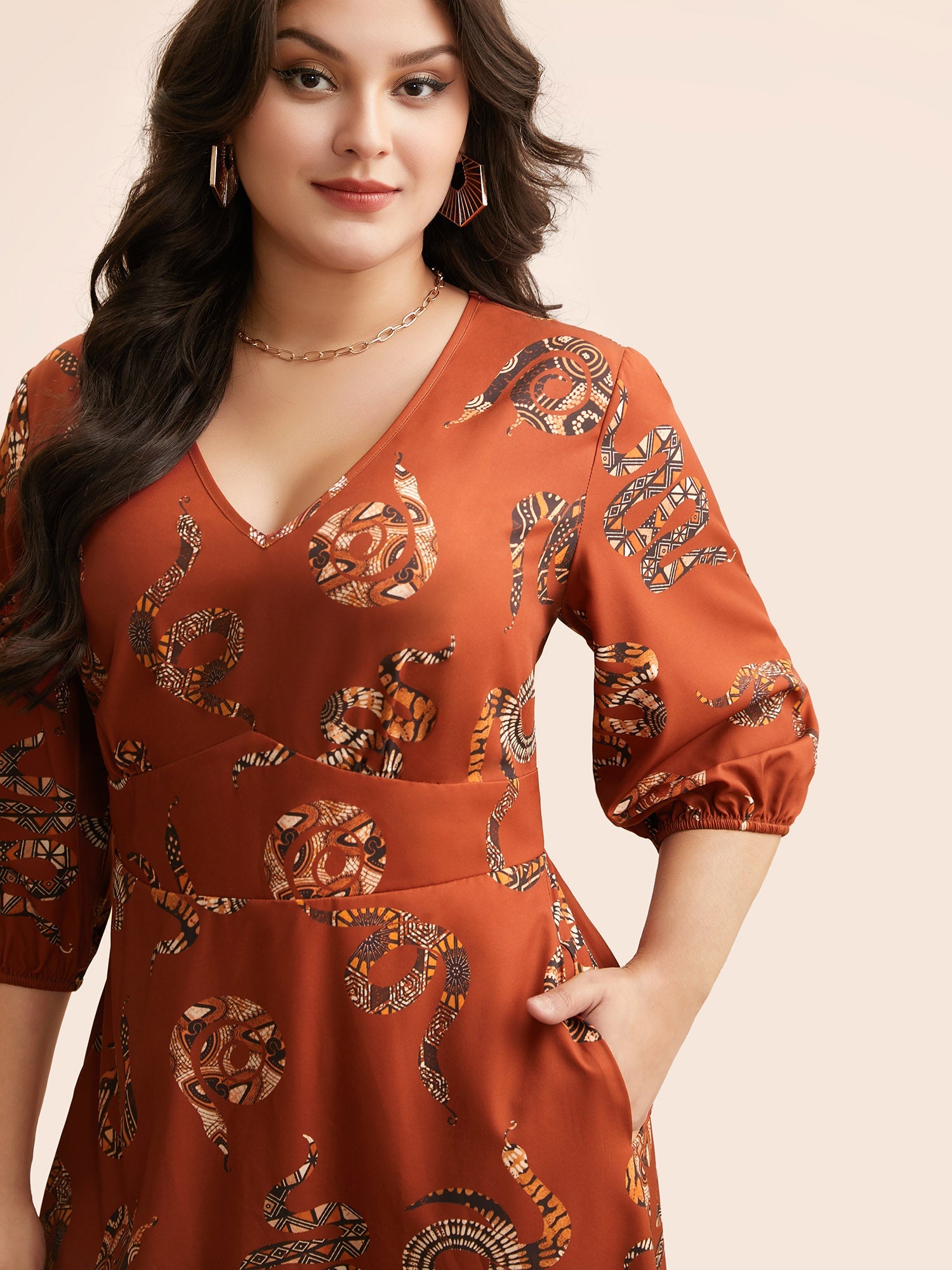Snake Print Lantern Sleeve Midi Dress