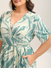 Abstract Print Gathered Sleeve Midi Dress