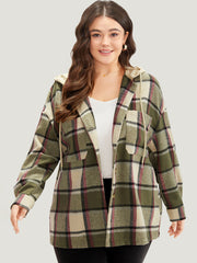 Plaid Hooded Drawstring Pocket Coat