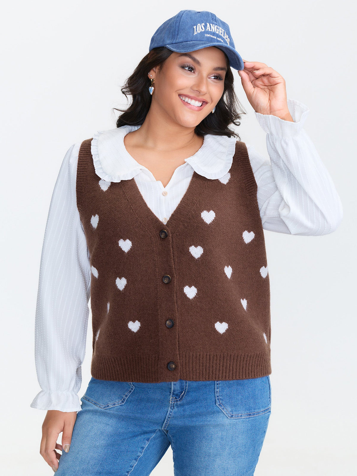 Heart Print Button Front Cardigan Vest