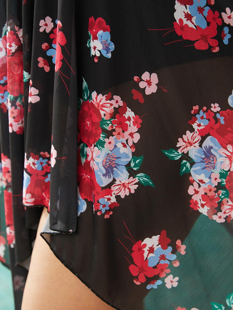 Floral Cut Out Drawstring Hanky Hem Knotted Swim Dress