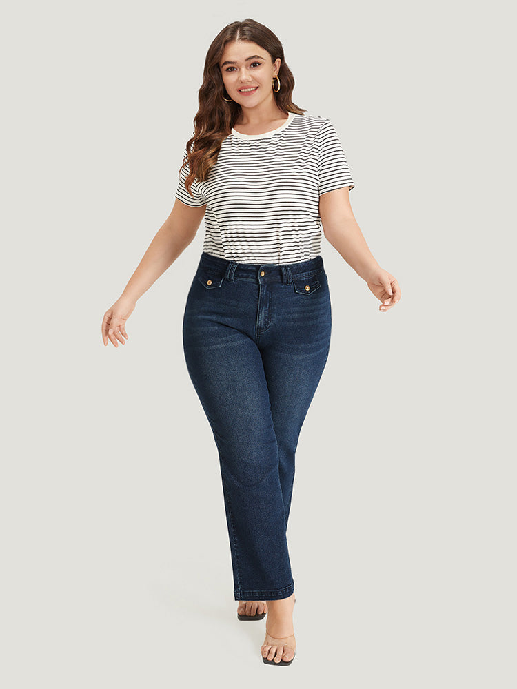 Plain Button Detail High Rise Dark Wash Jeans
